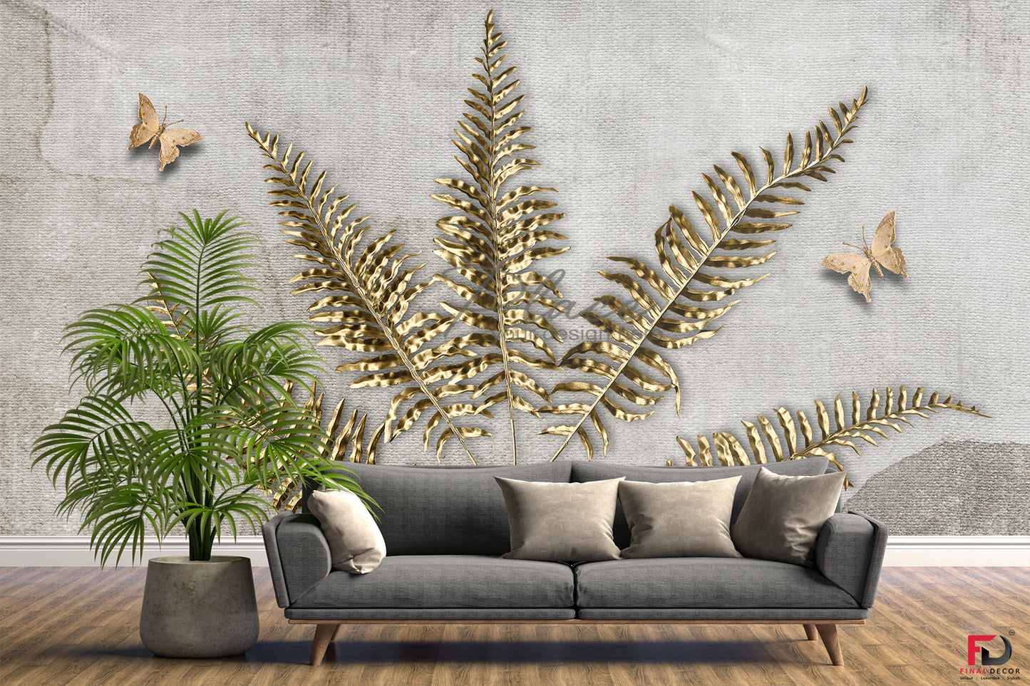 3D Design Golden Leaves and Butterfly Wallpaper