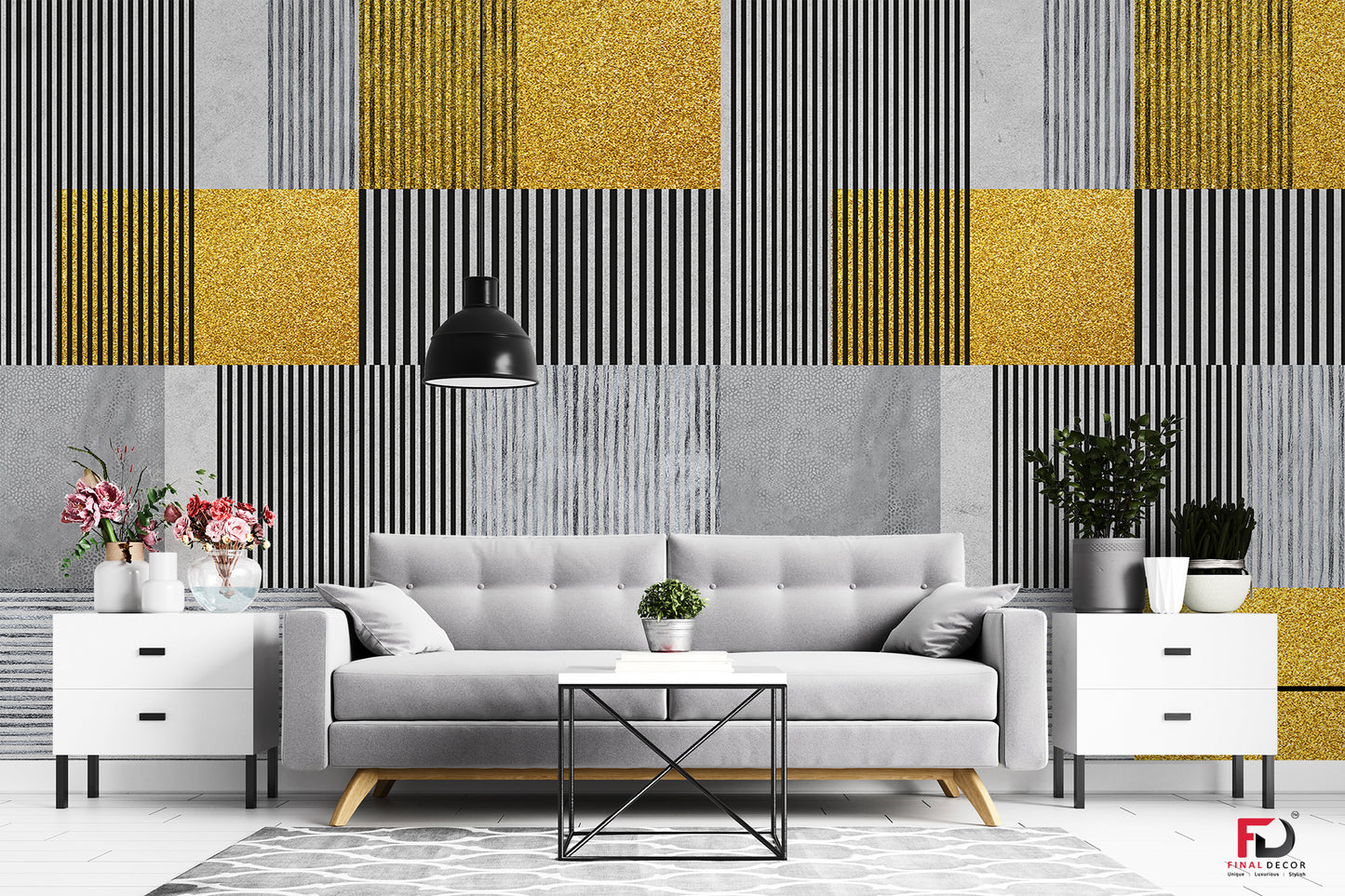 3D Wall Black Yellow Gray Modern Lining Design Wallpaper