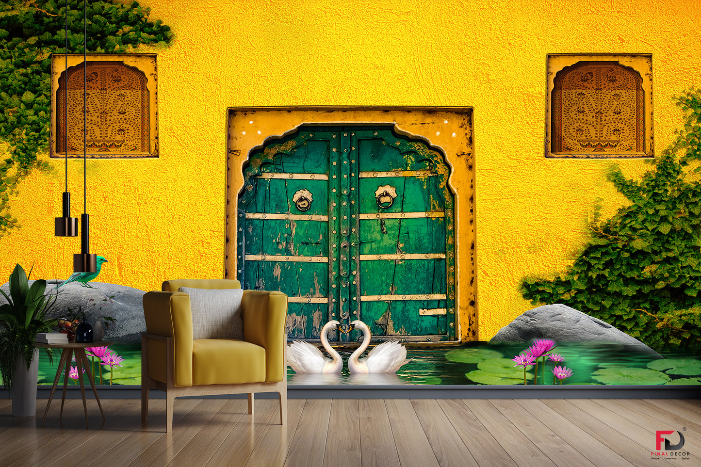 3D Yellow Village Wall Design Wallpaper