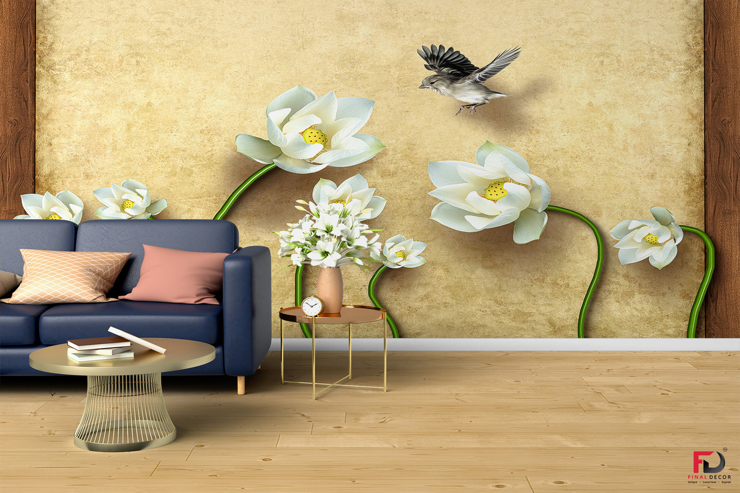 3D White Morning Flower with Bird Wallpaper