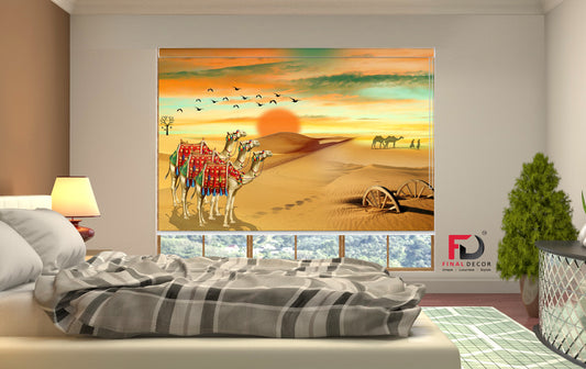 Camel in Dessert and Behind Beautiful Sunset Roller Blinds