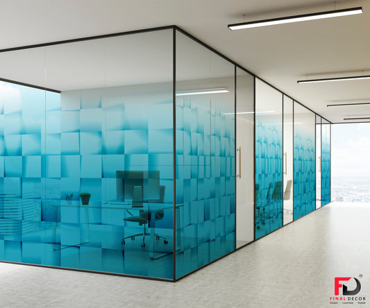 Office Transformation 3D Cubes Oneway Glass Films in Striking Blue