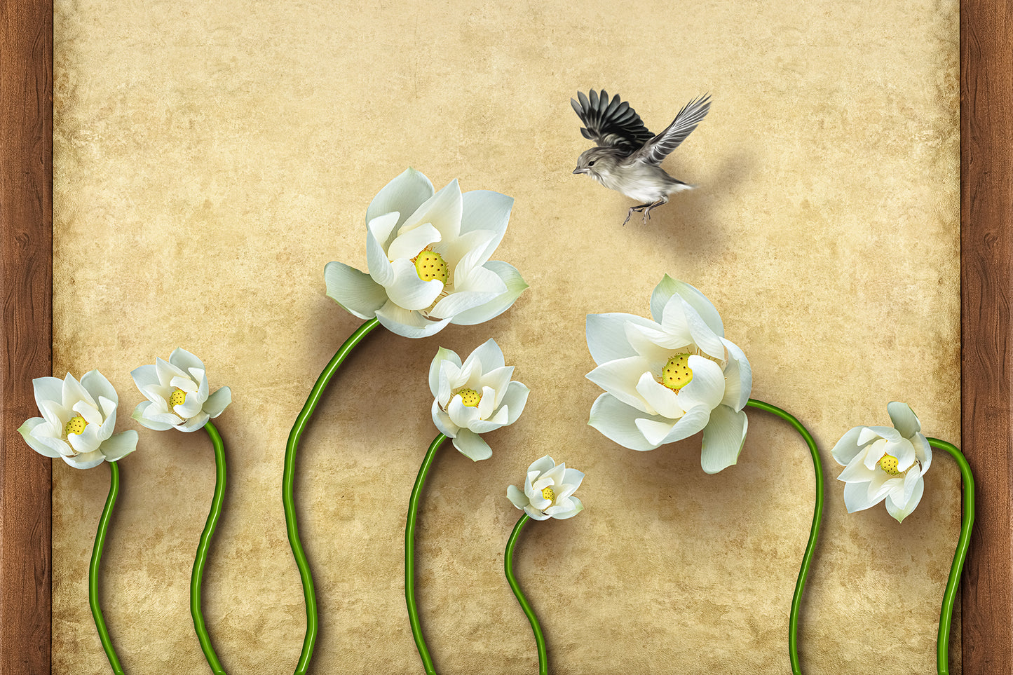 3D White Morning Flower with Bird Wallpaper