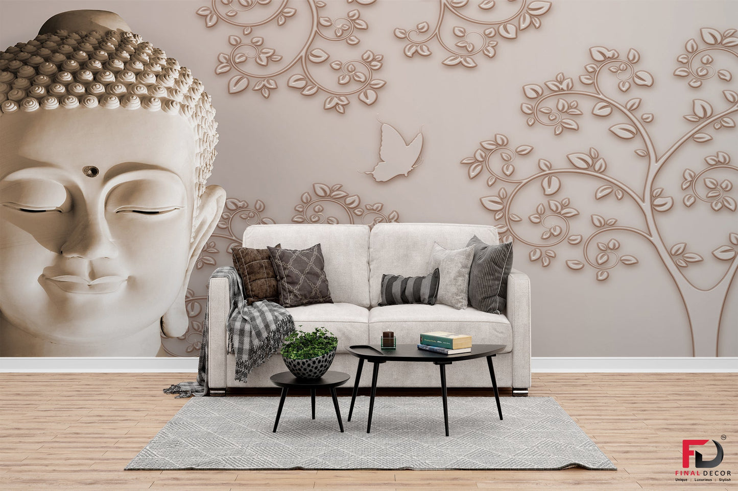 3D White Gautam Buddha with Butterfly Wallpaper