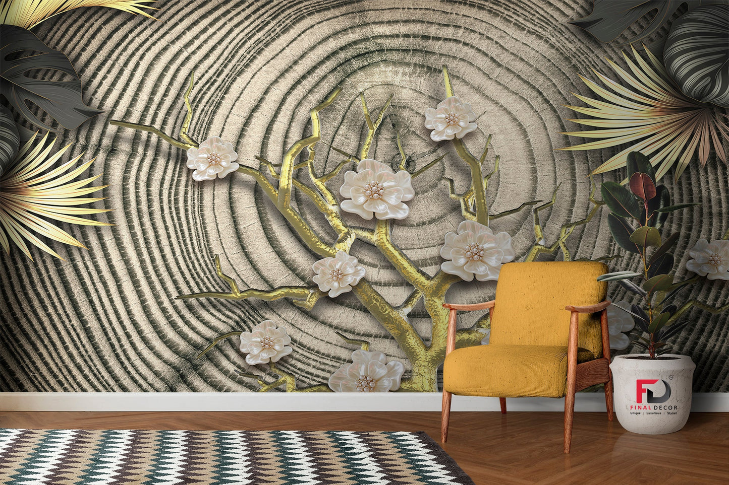 3D Flowers with Wooden Texture Pattern Wallpaper