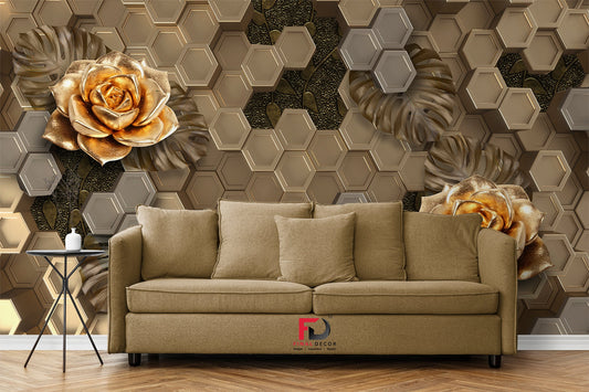 3D Rose Flower with Honeycomb Wallpaper