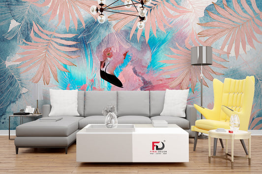 3D Palm Leaves and Pink Flamingo Wallpaper